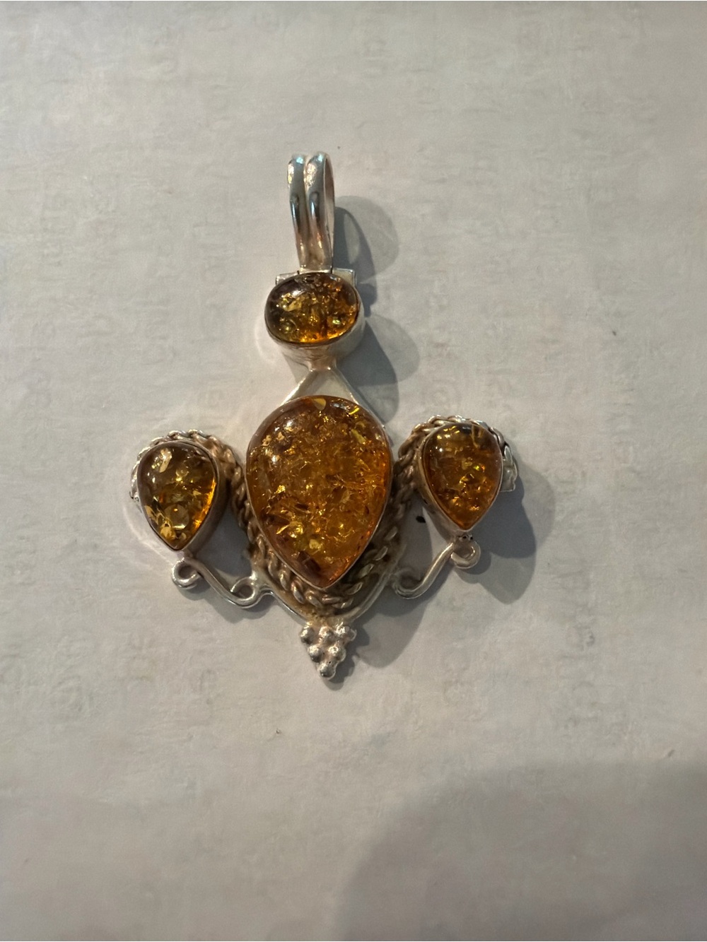 Sterling Silver Amber Teardrop Pendant Necklace Bezel 2”